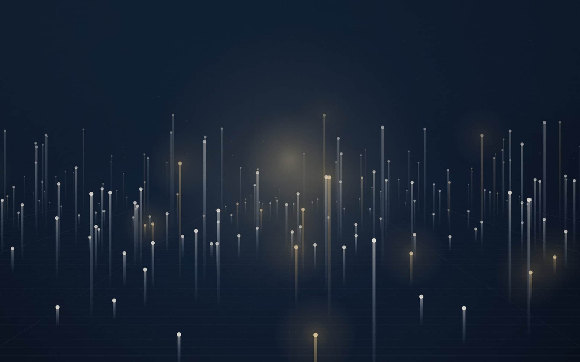 A generated landscape of data: a field of standing signals on a lit plane, running back to a hazy horizon.