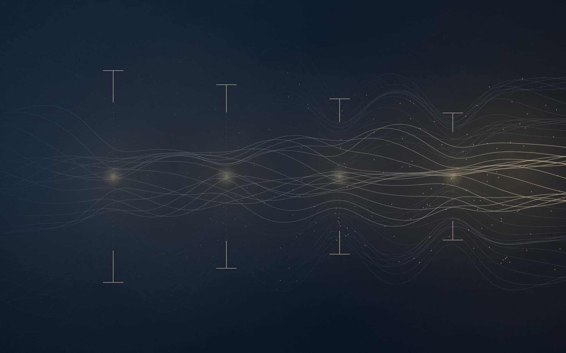 A generated delivery pipeline: ribbons of work flowing left to right through four gates, the light coming out of the last one clean.