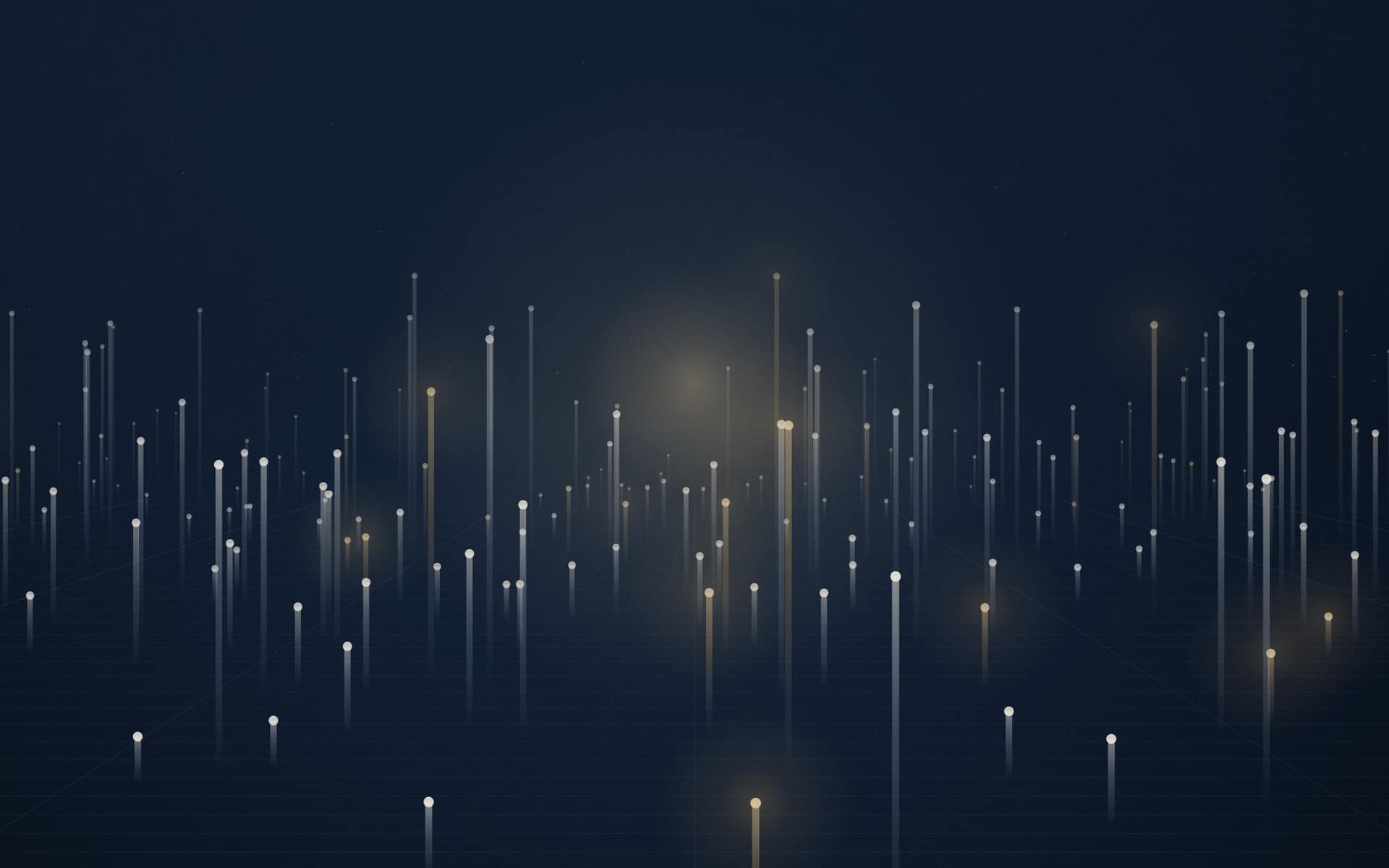 A generated landscape of data: a field of standing signals on a lit plane, running back to a hazy horizon.